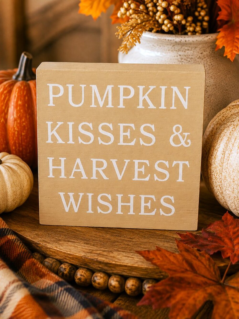 Pumpkin Kisses & Harvest Wishes Wood Block Sign Fall Autumn Home Shelf Décor